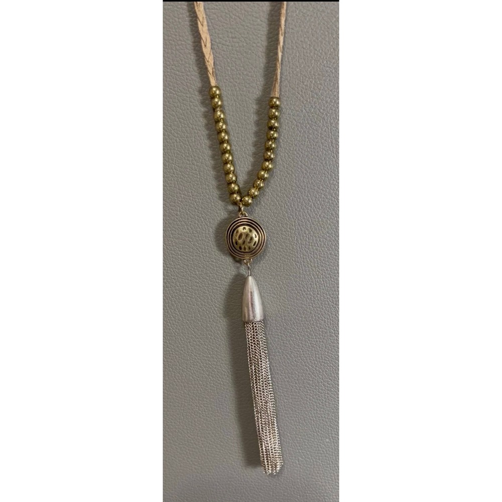 Boho Silver-tone Chain Tassel Braided Suede Cord Geometric Statement Pendant EUC